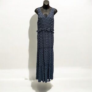 LUCKY BRAND Denim Medallion Blue Floral Maxi Tiered Sundress Size L